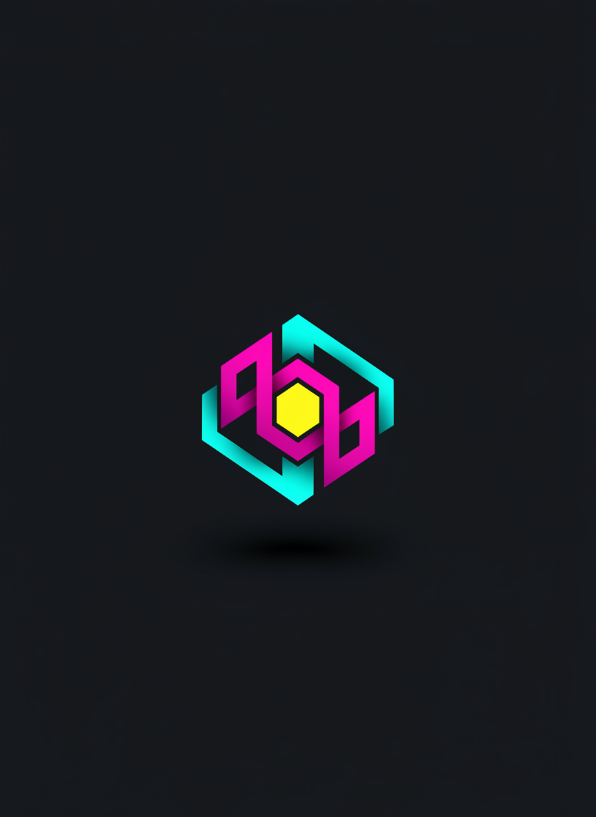 A sleek, bold geometric logo composed of interlocking, vibrant neon shapes with layered gradients in turquoise, magenta, and electric yellow, all sharply defined against a clean, deep charcoal-black background. The logo casts a crisp, angular shadow to the right due to strong directional lighting from the left. The minimalist environment is free of clutter, allowing the striking graphic and saturated colors to dominate the scene. Captured in a center-framed, eye-level composition with sharp focus throughout, the digital-art style is unapologetically modern and powerfully energetic, embodying a cutting-edge marketing agency’s creative confidence and disruptive approach.