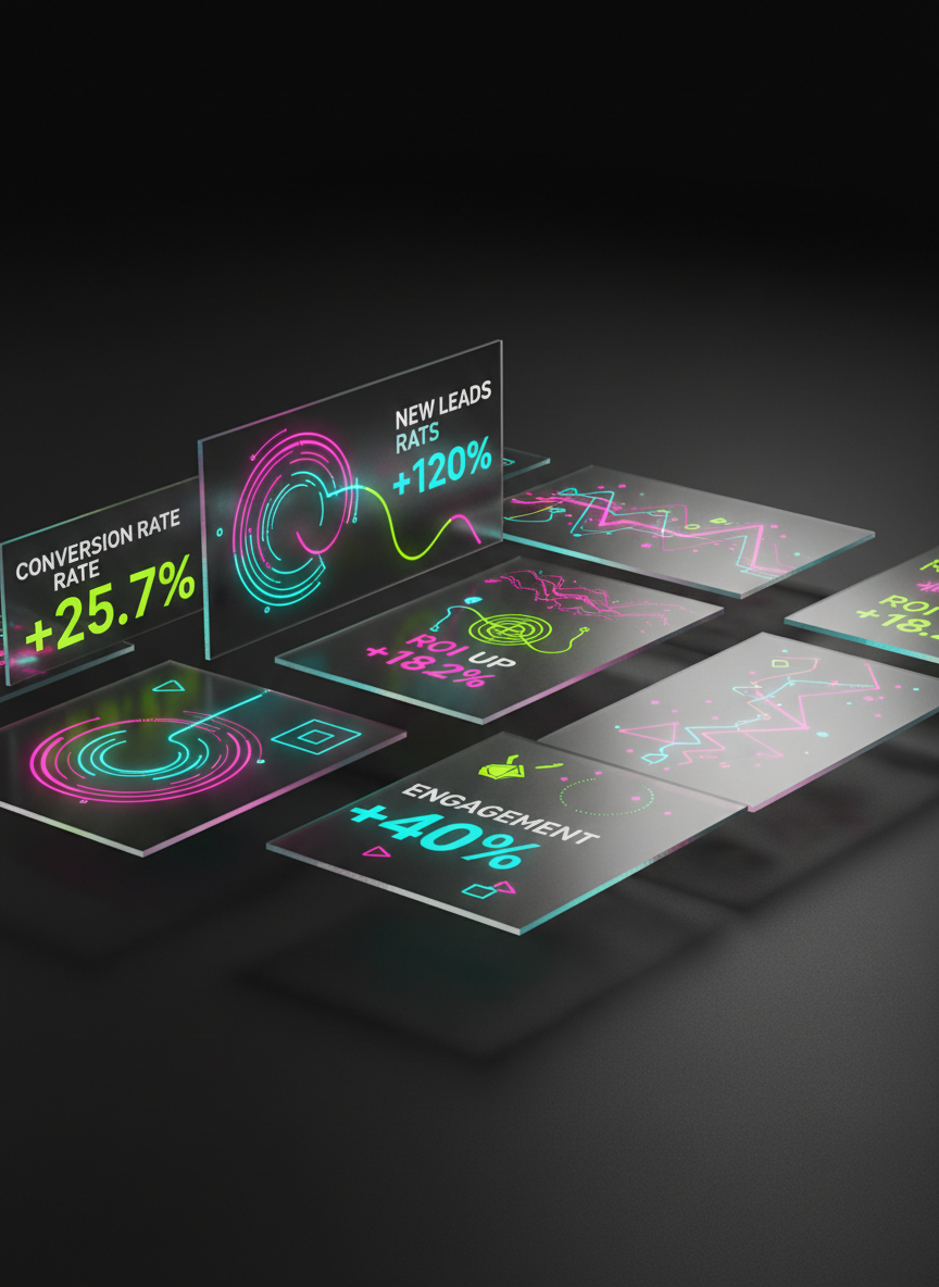 A conceptual digital dashboard: minimalist, semi-transparent panels displaying vivid, abstract infographics and bold conversion metrics in vivid neon pink, cyan, and lime-green hues float above a silky matte-black background. Strong side lighting from the right casts sharp, graphic-edged shadows across the panels, producing a sense of depth and sharp clarity. The composition is wide and panoramic, with elements arranged asymmetrically to draw the eye dynamically through the image. The mood is high-tech and commanding, reinforcing the agency’s digital marketing focus and data-driven ethos while keeping a clean, modern digital-art look.