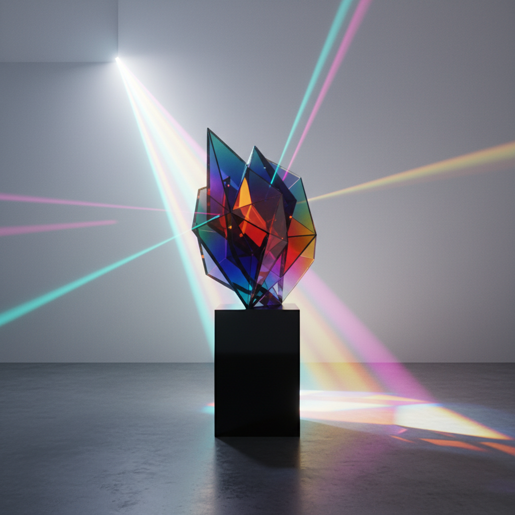 An ultra-modern glass prism sculpture with reflective multicolor gradients and razor-sharp edges, sitting atop a glossy black pedestal in an empty room with a soft matte wall. Intense, directional white light from the upper left splinters through the prism, sending vivid beams of cyan, magenta, and yellow across the minimalist setting and casting dramatic, complex shadows. The composition is front-facing and slightly elevated, emphasizing the object’s futuristic form. The mood is bold, high-impact, and dynamic, aligning with the agency’s innovative marketing spirit and digital-art aesthetic.
