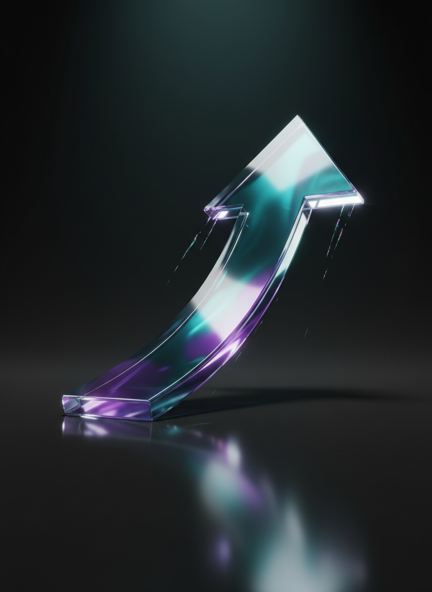 A dynamic, stylized upward arrow made of polished chrome and translucent acrylic, illuminated with living gradients in teal and violet, rising sharply from a glossy, pitch-black surface. The arrow is centered in a nearly empty digital space, with only its elongated, crisp shadow stretching behind. Strong, directional lighting accentuates the arrow’s contours, creating stark, high-contrast highlights and shadows. Shot from a low-angle perspective for a sense of drive and ambition, the bold digital-art style delivers a feeling of momentum and growth, echoing the agency’s focus on sales improvement and business elevation.